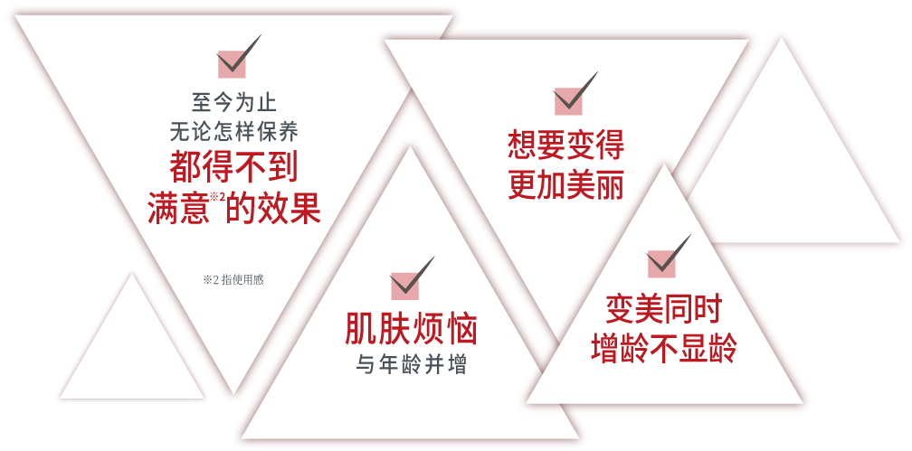 今までどんなことをしても満足感※１が得られなかった方へ ※１使用感として 年齢とともに増える美容トラブルが気になる方へ キレイを育てたい方へ 美しく年を重ねたい方へ