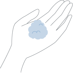 容器を5回ほど振り、垂直な状態でプッシュし、ピンポン玉大程度の泡を手に取ります。